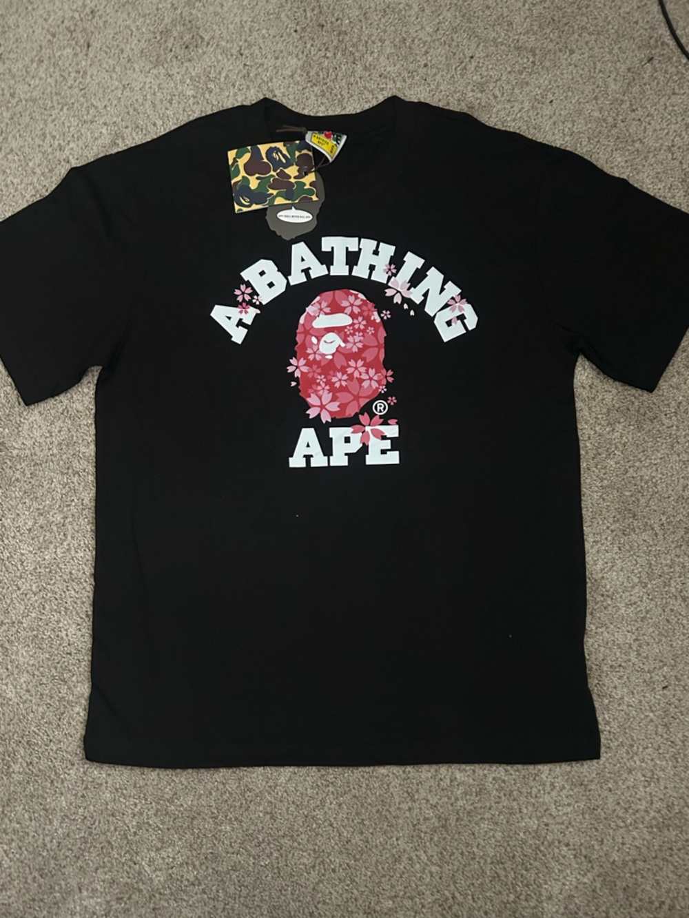 Bape Black Tee with Green & Brown Camo Hangtag